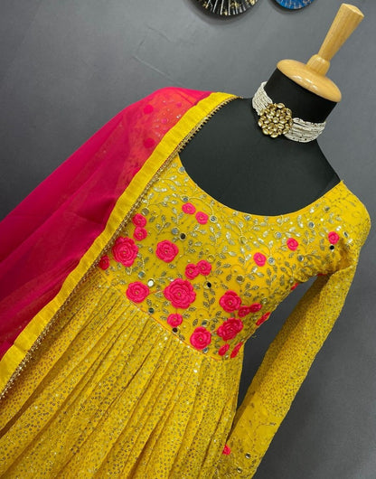Yellow georgette heavy embroidered long anarkali suit
