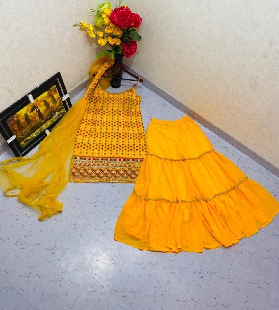 Yellow georgette heavy embroidered sharara salwar suit