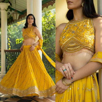 Yellow georgette heavy embroidered wedding lehenga choli