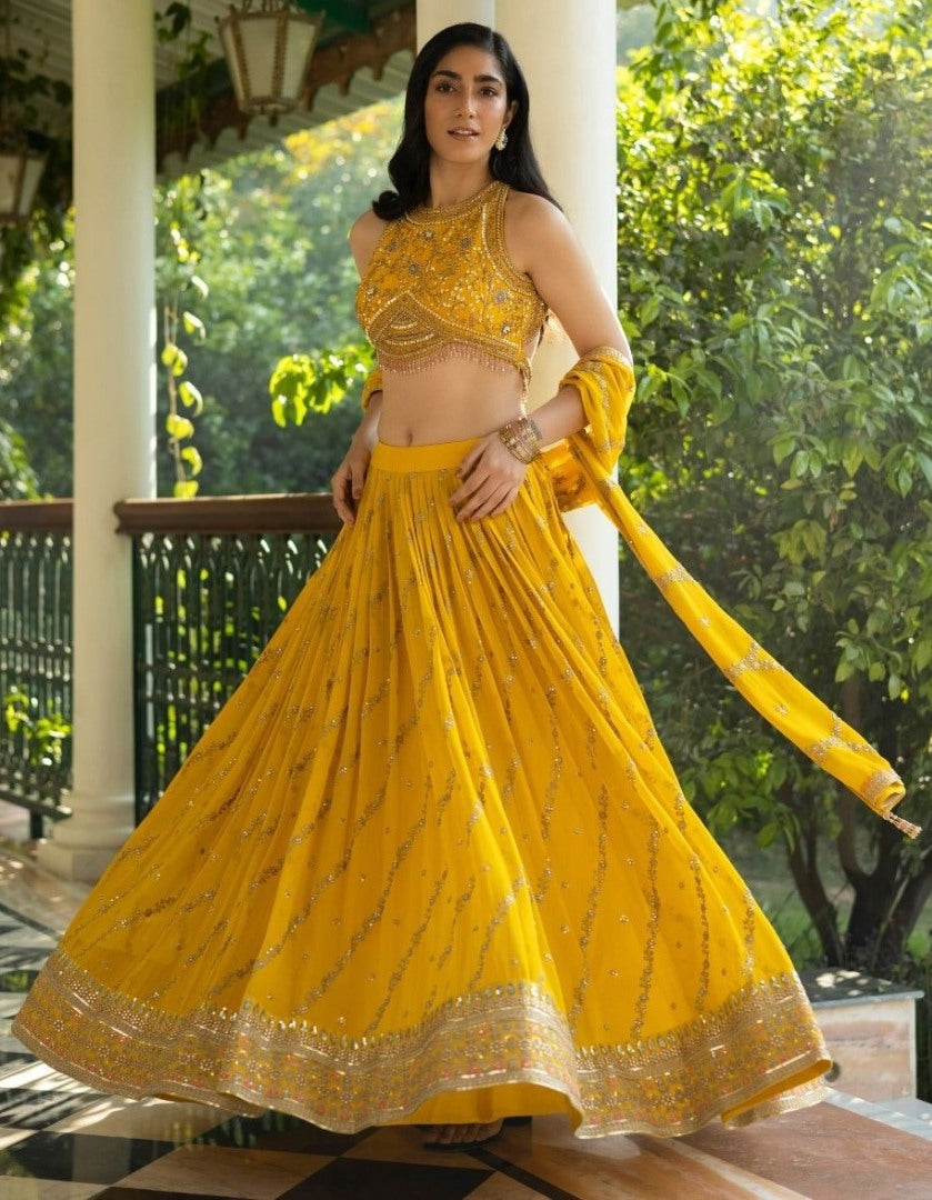 Yellow georgette heavy embroidered wedding lehenga choli