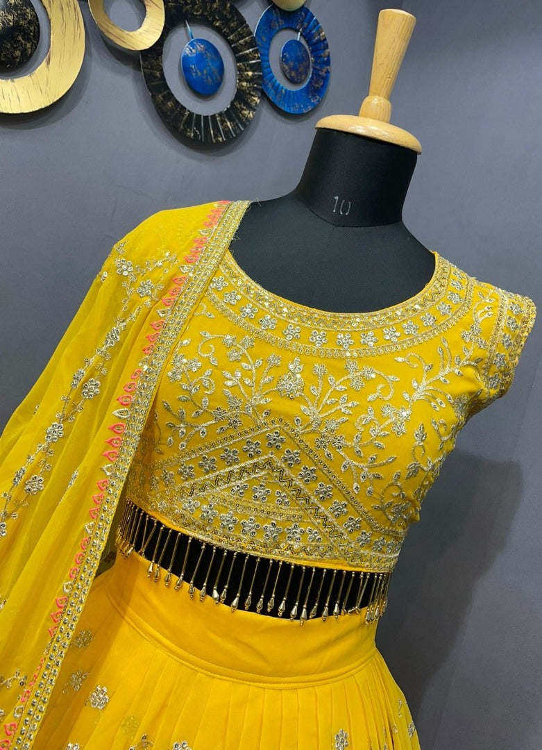 Yellow georgette heavy embroidered wedding lehenga choli