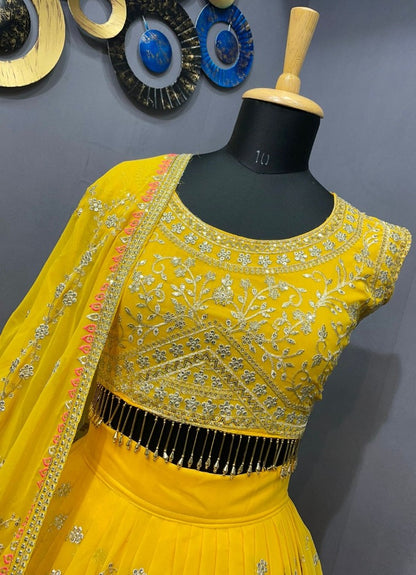 Yellow georgette heavy embroidered wedding lehenga choli