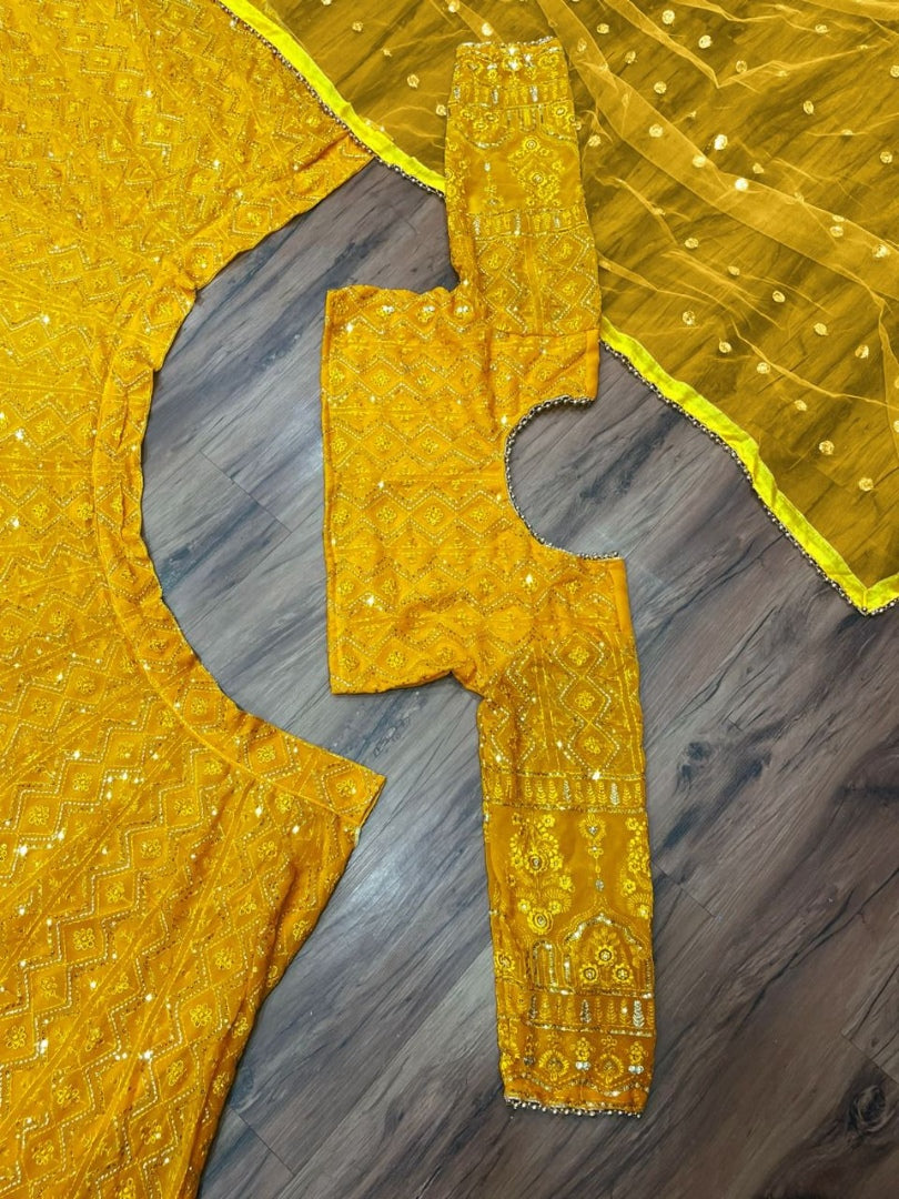 Yellow georgette heavy embroidered wedding lehenga choli