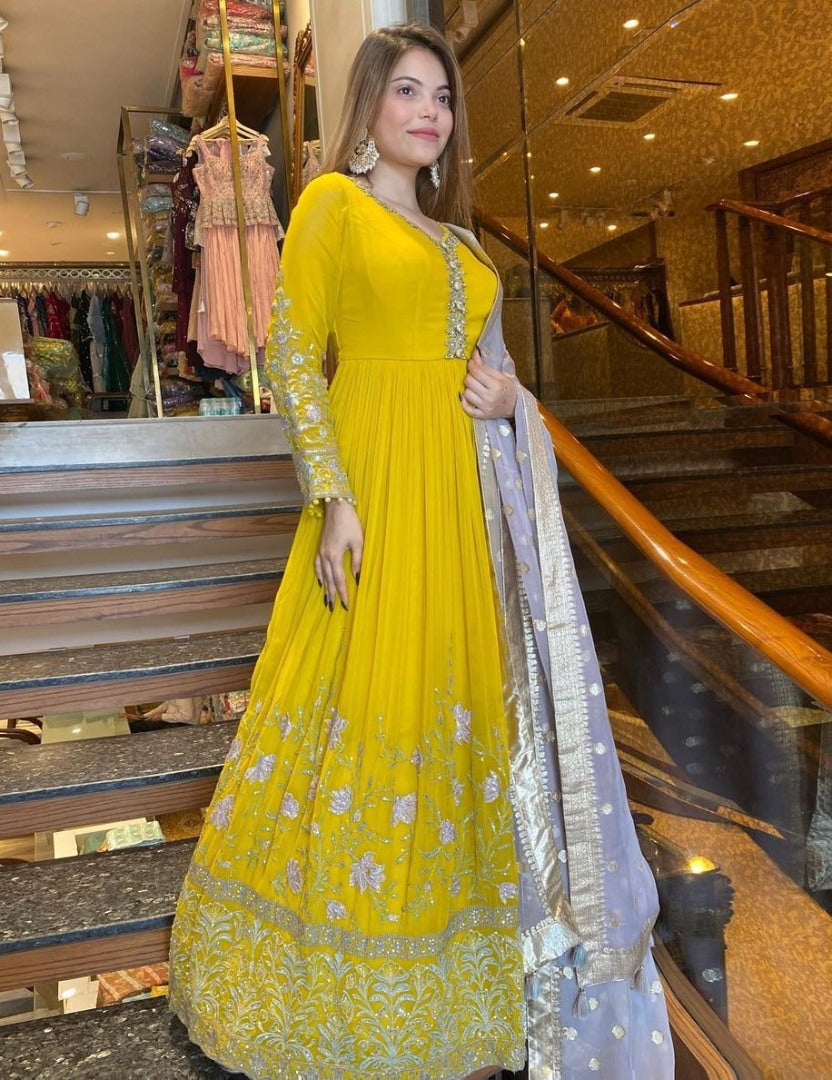 Yellow georgette heavy embroidery work anarkali suit for ceremony