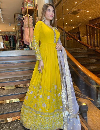 Yellow georgette heavy embroidery work anarkali suit for ceremony
