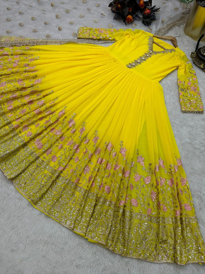 Yellow georgette heavy embroidery work anarkali suit for ceremony