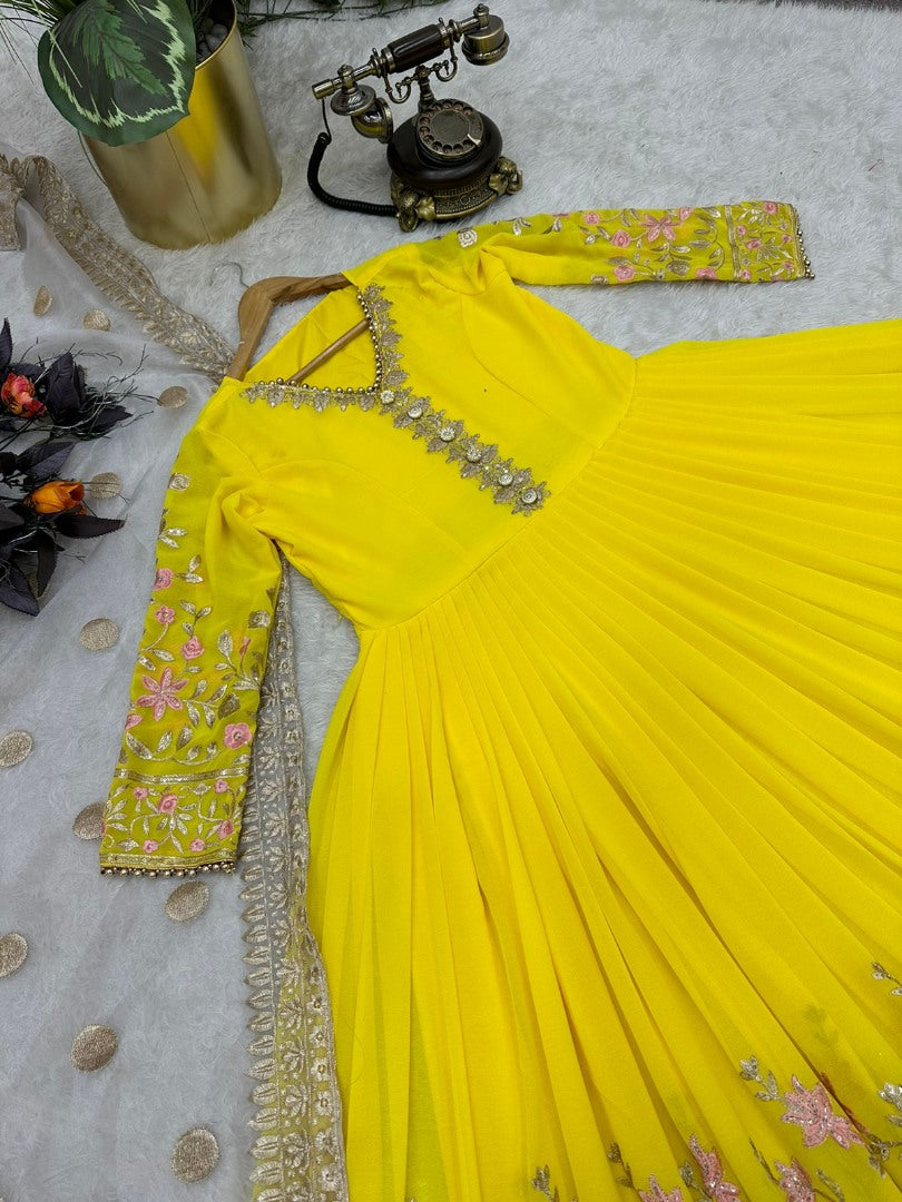 Yellow georgette heavy embroidery work anarkali suit for ceremony