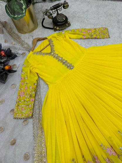 Yellow georgette heavy embroidery work anarkali suit for ceremony