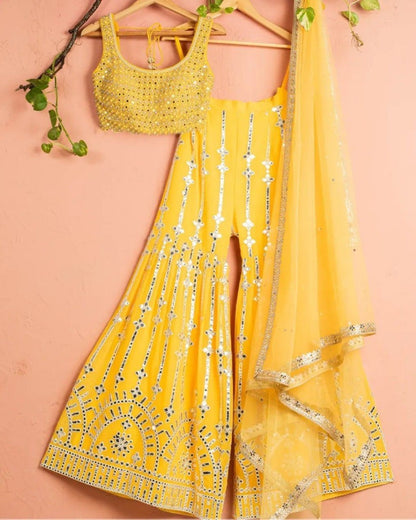 Yellow georgette heavy embroidery work designer plazzo suit