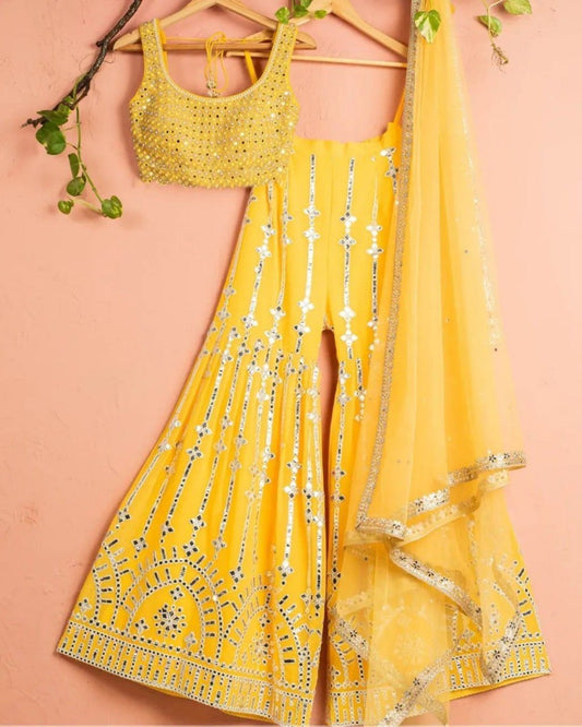 Yellow georgette heavy embroidery work designer plazzo suit