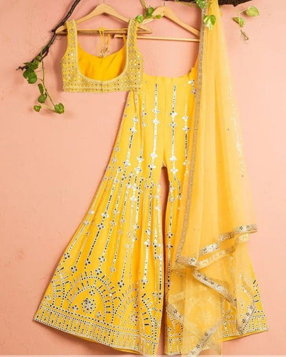 Yellow georgette heavy embroidery work designer plazzo suit
