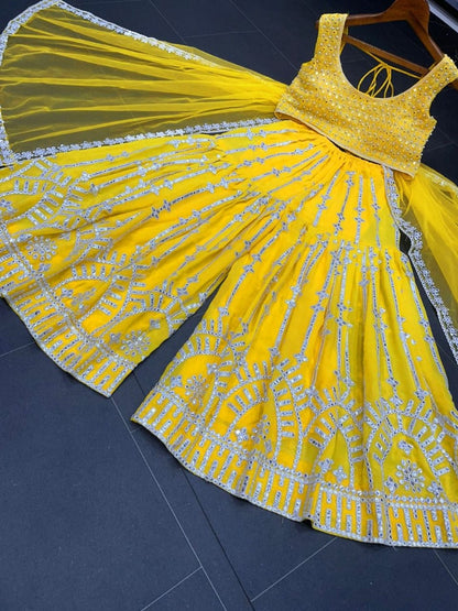 Yellow georgette heavy embroidery work designer plazzo suit