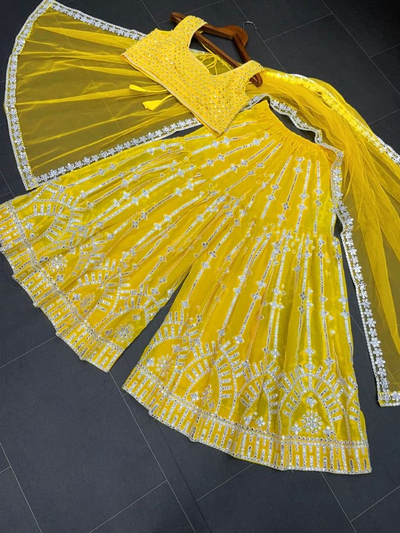 Yellow georgette heavy embroidery work designer plazzo suit
