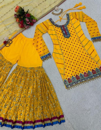 Yellow georgette heavy embroidery work sharara suit for haldi ceremony