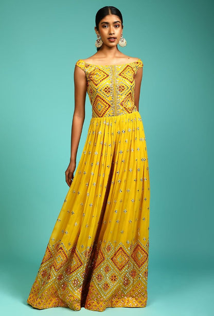 Yellow georgette heavy multi thread work ethnic jumpsuit