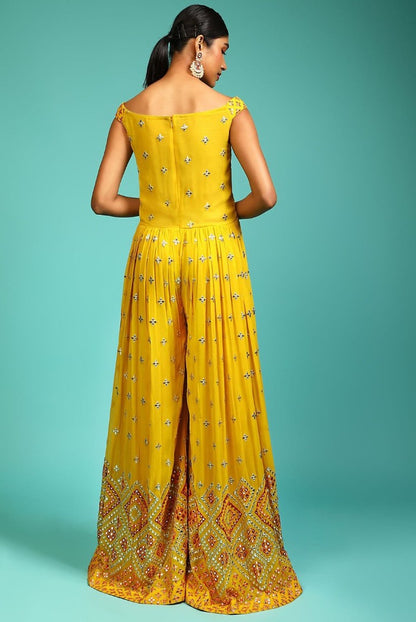 Yellow georgette heavy multi thread work ethnic jumpsuit