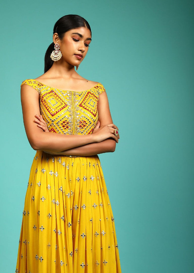 Yellow georgette heavy multi thread work ethnic jumpsuit