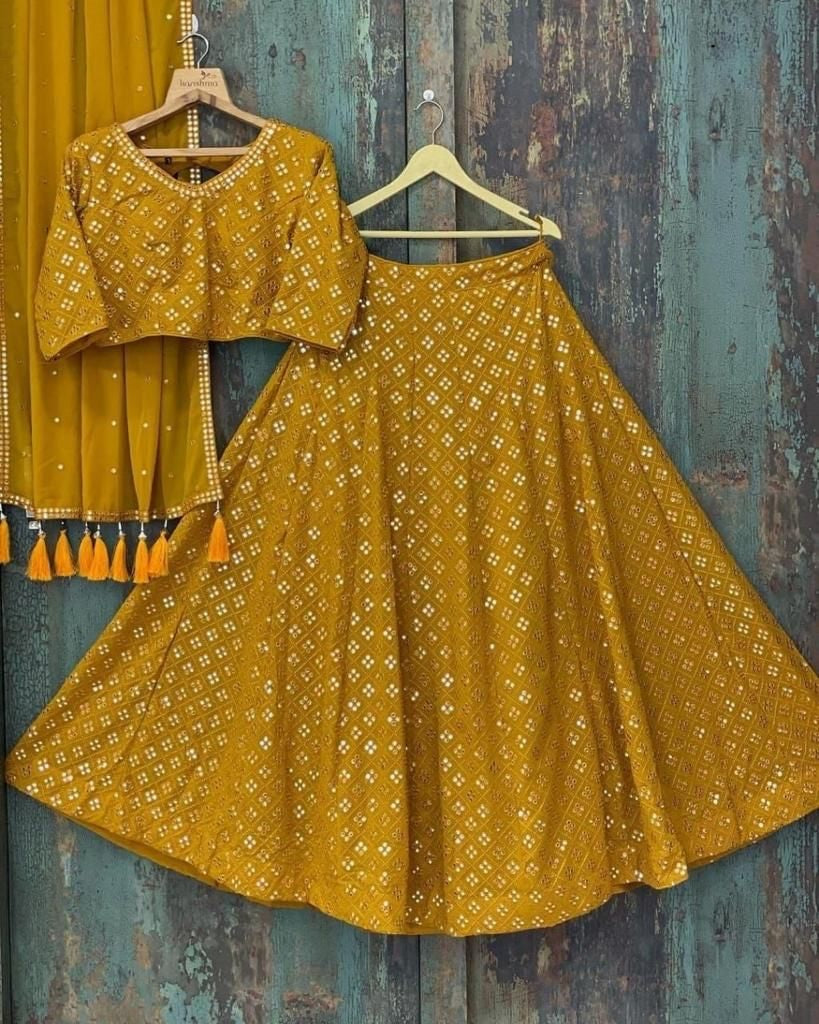 Yellow georgette heavy sequence embroidery work wedding lehenga choli