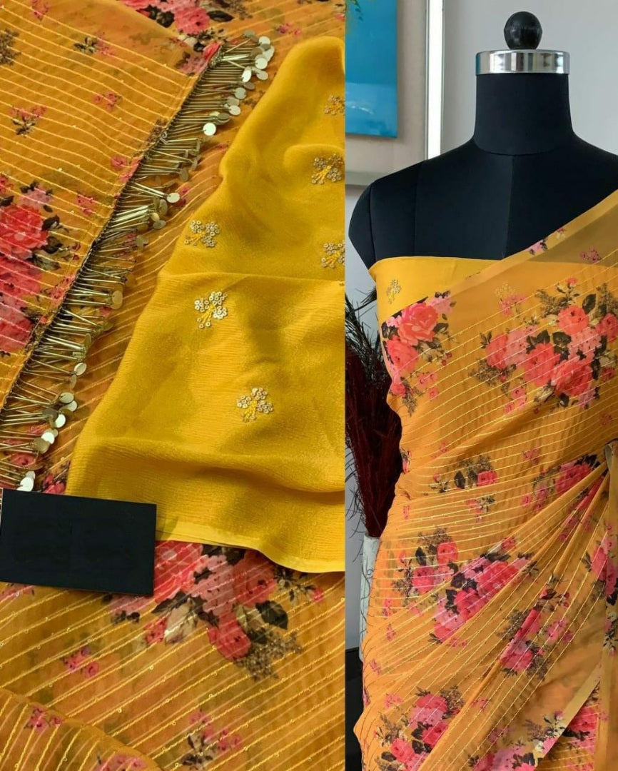 Yellow georgette heavy sequence flower printed saree