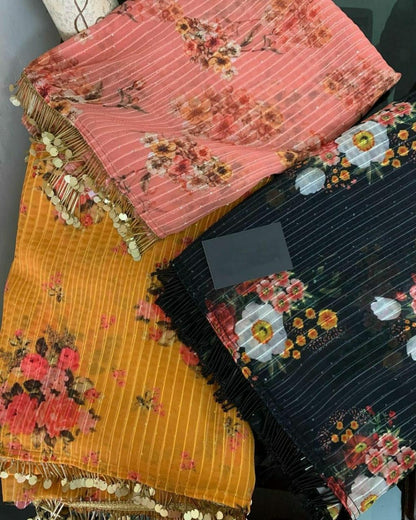 Yellow georgette heavy sequence flower printed saree