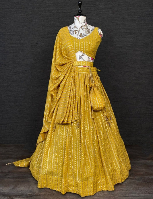 Yellow georgette heavy sequins embroidery lehenga choli for ceremony