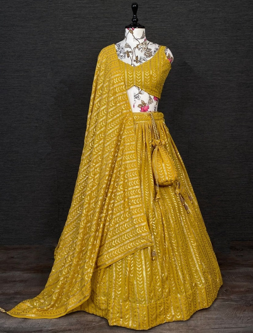 Yellow georgette heavy sequins embroidery lehenga choli for ceremony