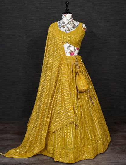 Yellow georgette heavy sequins embroidery lehenga choli for ceremony
