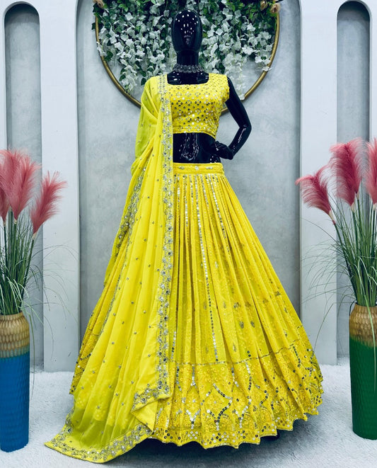Yellow georgette heavy work lehenga choli