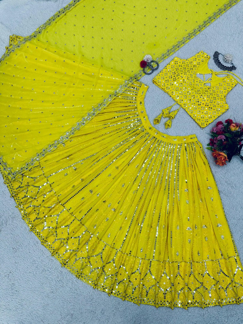 Yellow georgette heavy work lehenga choli