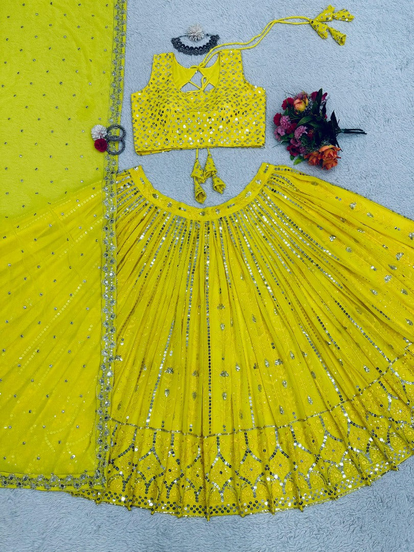 Yellow georgette heavy work lehenga choli