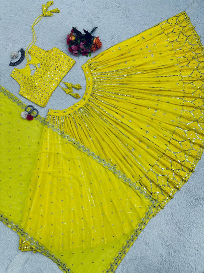 Yellow georgette heavy work lehenga choli