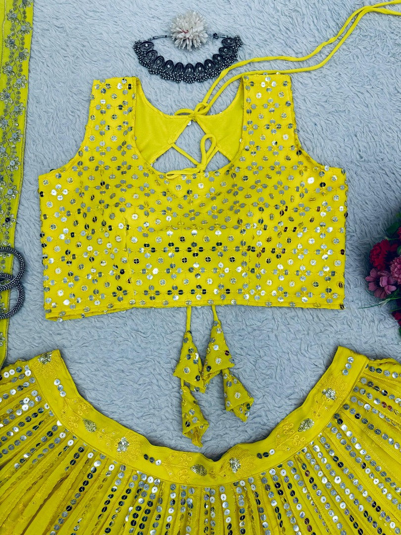 Yellow georgette heavy work lehenga choli
