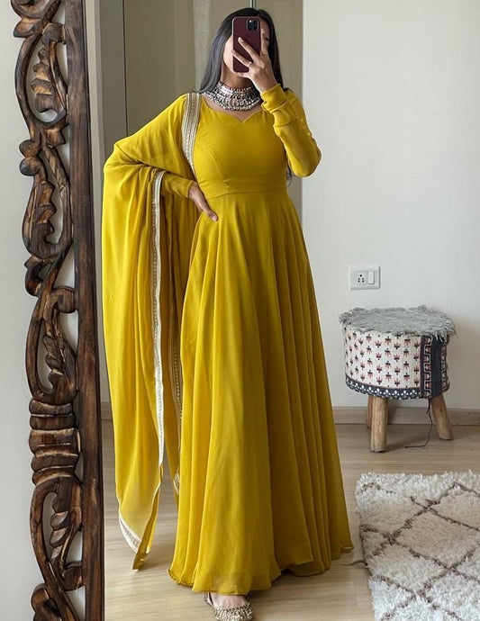 Yellow georgette long party wear anarkali ethnic gown