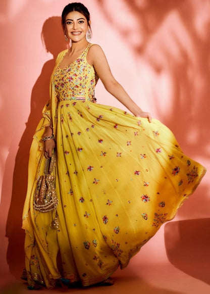 Yellow georgette multicolored threadwork anarkali suit