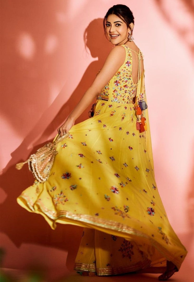 Yellow georgette multicolored threadwork anarkali suit