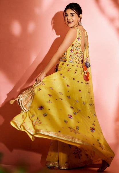 Yellow georgette multicolored threadwork anarkali suit