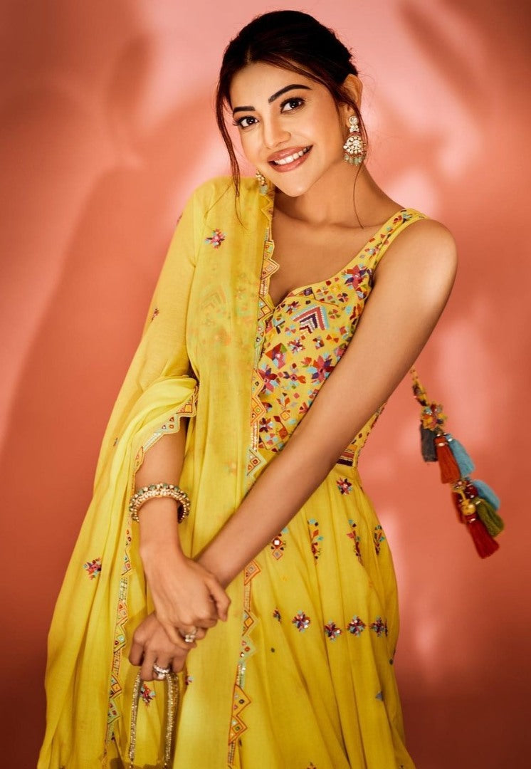 Yellow georgette multicolored threadwork anarkali suit