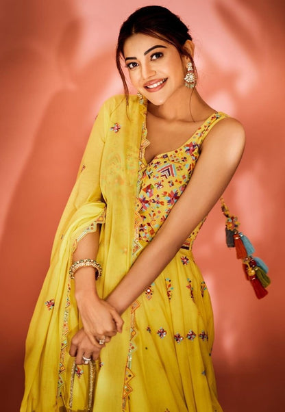 Yellow georgette multicolored threadwork anarkali suit