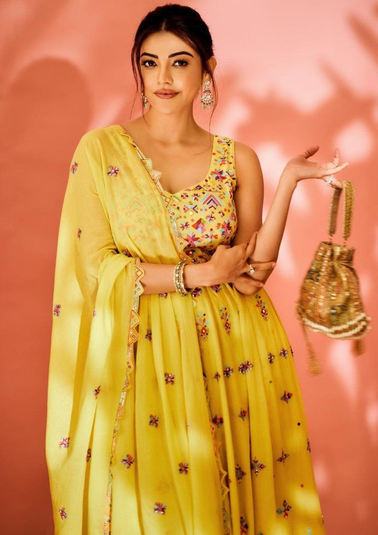Yellow georgette multicolored threadwork anarkali suit