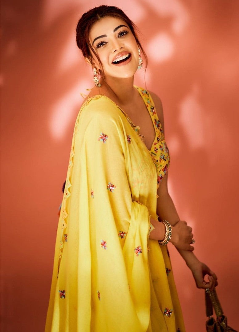 Yellow georgette multicolored threadwork anarkali suit