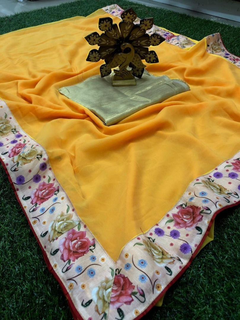 Yellow georgette plain casual wear saree