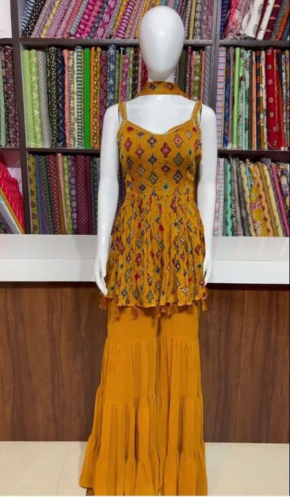Yellow georgette print and embroidered sharara salwar suit