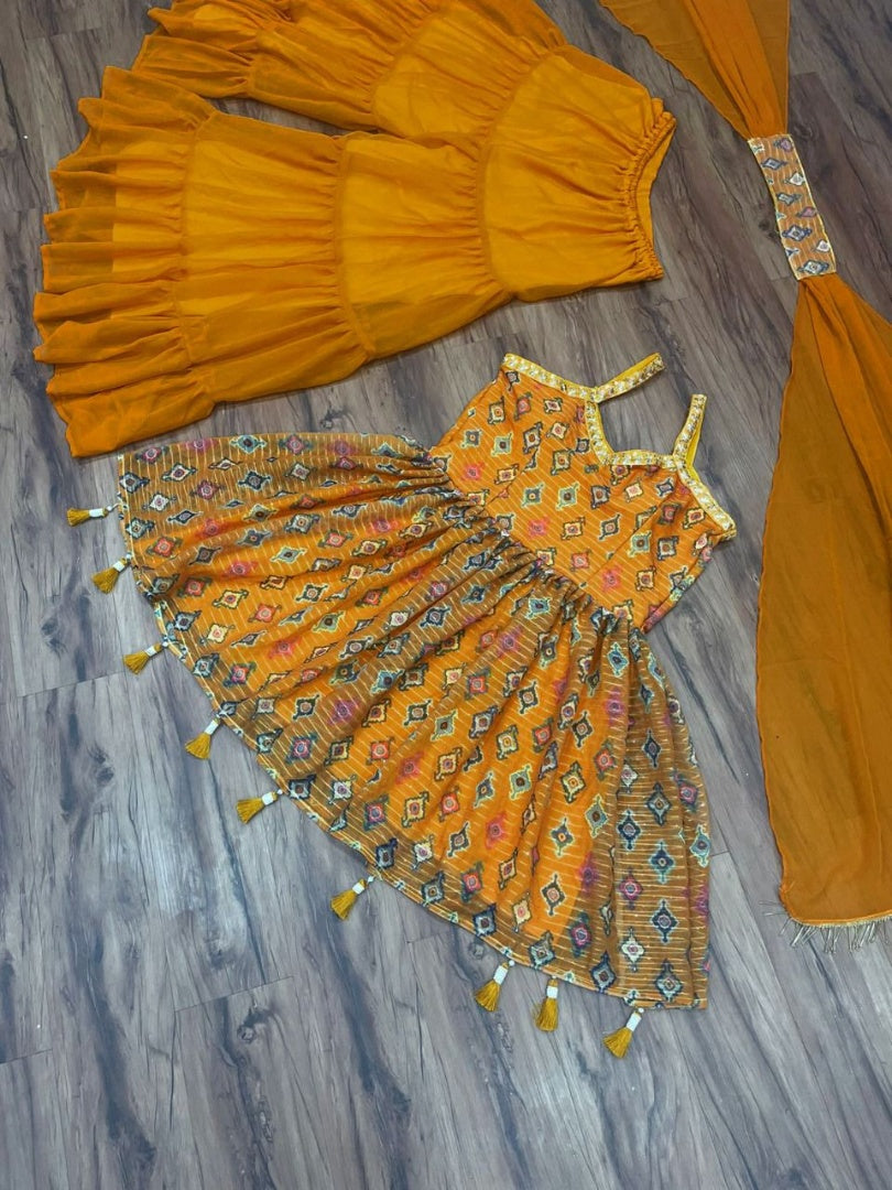 Yellow georgette print and embroidered sharara salwar suit