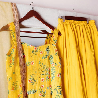 Yellow georgette print and sequence work plazzo suit