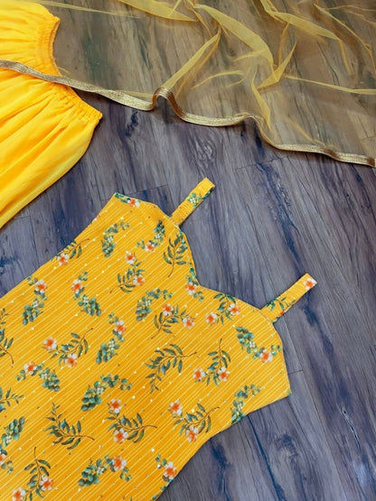 Yellow georgette print and sequence work plazzo suit