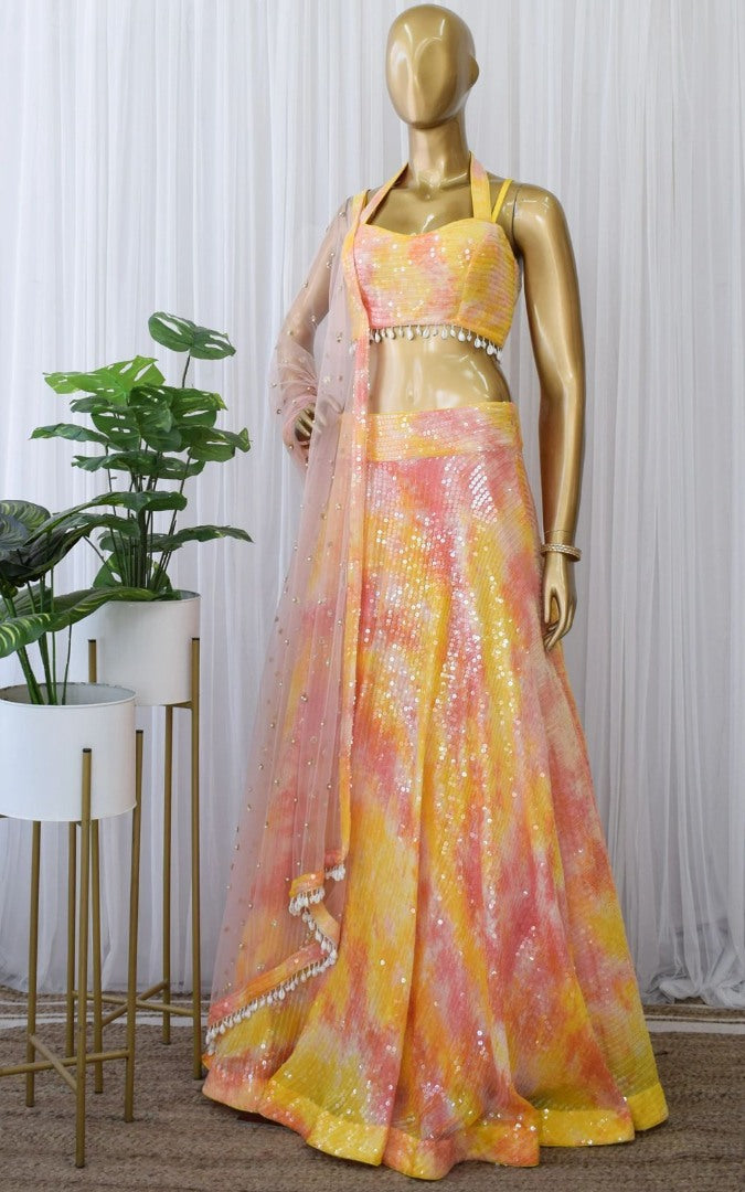 Yellow georgette printed and sequence work lehenga choli