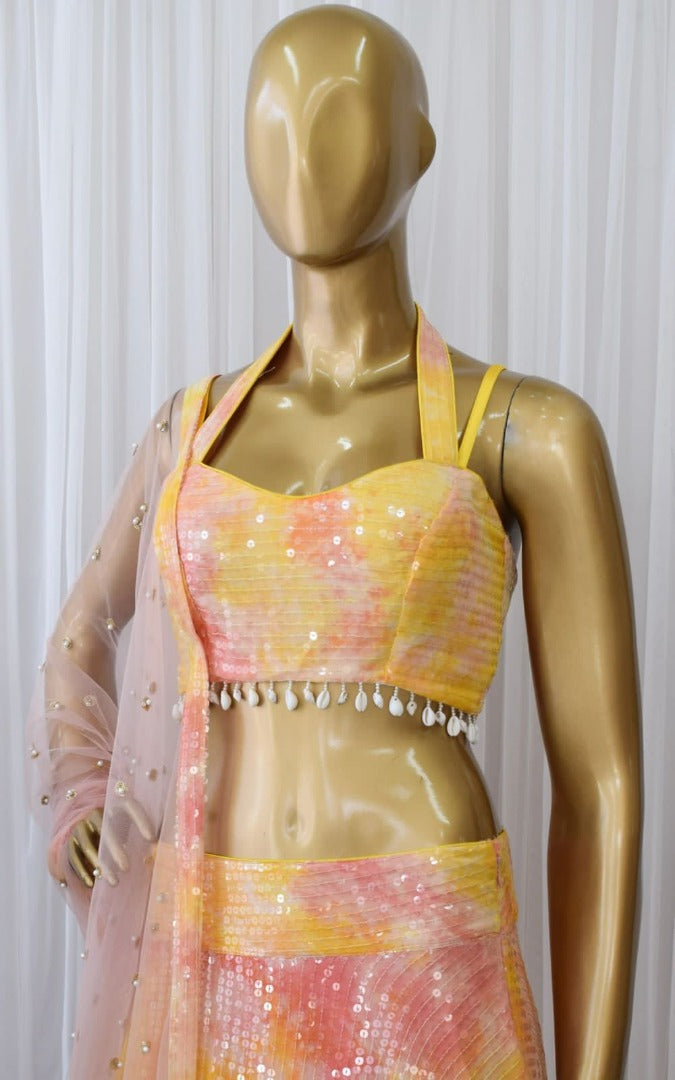 Yellow georgette printed and sequence work lehenga choli