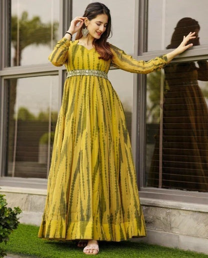 Yellow georgette printed gown