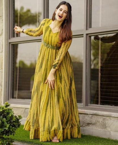 Yellow georgette printed gown