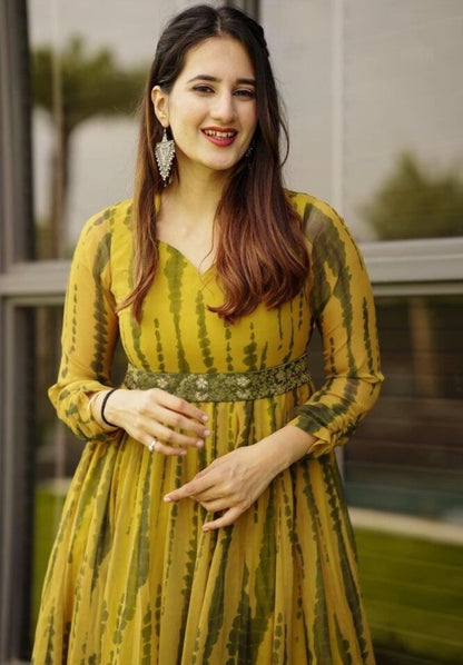 Yellow georgette printed gown